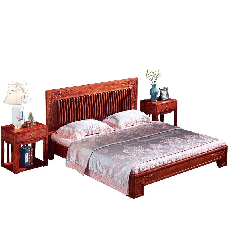 周家庄 红木家具非洲花梨(学名:刺猬紫檀)新中式床 实木床 大床 婚床 床头柜 祥瑞双人床组合
