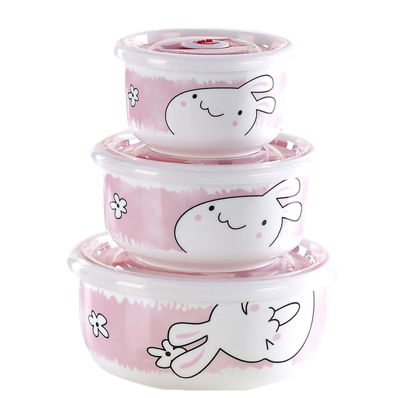 瓷物语景德镇 陶瓷保鲜碗 900ml饭盒三件套 陶瓷碗便当密封盒微波炉适用 长耳兔兔