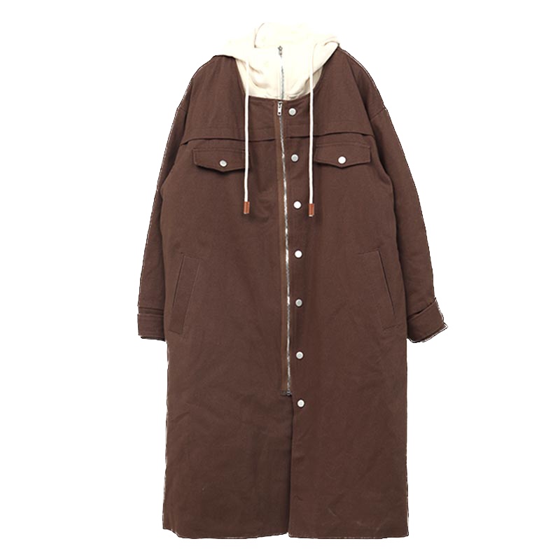 ENJOY'ME女装2019冬季新品抽绳带帽假两件单排扣系腰带风衣长外套