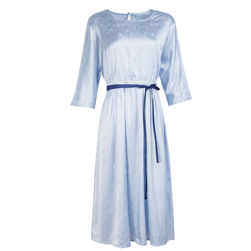 晚白2019夏季新品简约纯色圆领松紧腰修身气质中长款A字连衣裙女