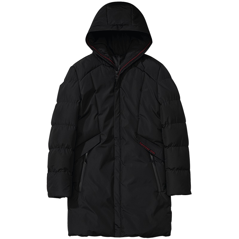 千纸鹤中长款棉服男韩版纯色连帽休闲外套2018黑色保暖冬装65051