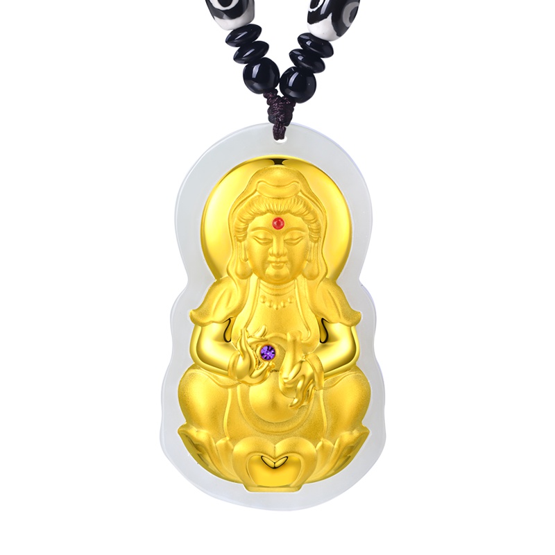蒂蔻 观音菩萨金镶玉黄金吊坠项链男女款足金和田玉镶嵌玛瑙编织绳宝宝小孩适戴本命年礼物