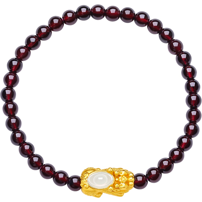 周大生足金貔貅元宝手链和田玉石榴石男女通用款手链送恋人送女友 貔貅黄金元宝和田玉珠