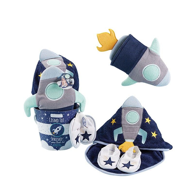 babyaspen美国儿童浴巾斗篷带帽速干纯棉毛巾4件套宇航员婴儿礼盒