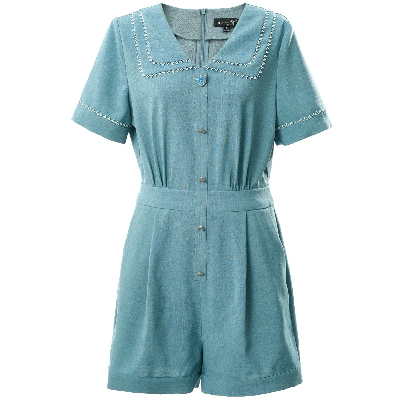 欧昵雪夏季设计感翻领显瘦遮胯连衣裤女收腰直筒连体短裤