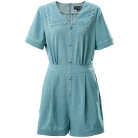 欧昵雪夏季设计感翻领显瘦遮胯连衣裤女收腰直筒连体短裤