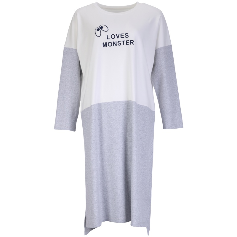 古今双面针织刺绣图案拼接设计长袖家居长裙7K180