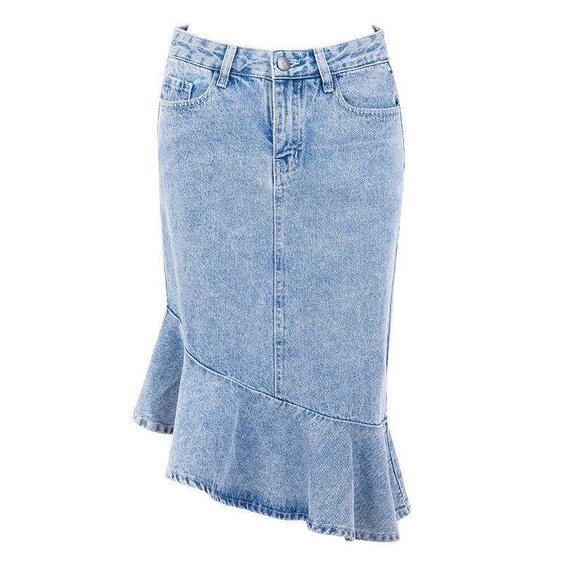 晩白 新款修身包臀不规则减龄荷叶边鱼尾裙半身裙牛仔裙