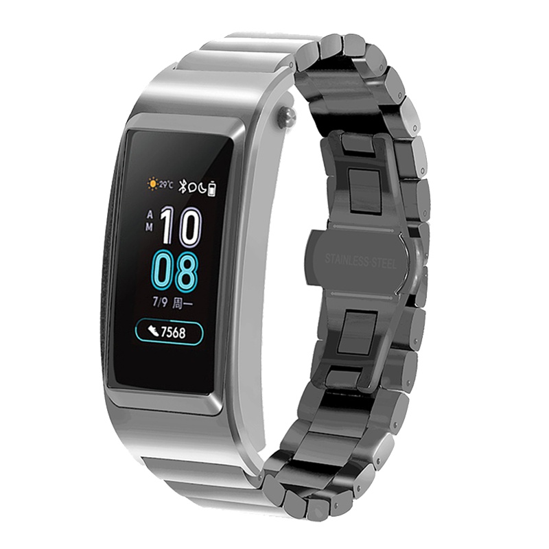 适用于华为B5手环真皮表带 通用S1手表腕带watch1小牛皮折叠扣替换带时尚多彩金属 防水运动防汗商务不锈钢