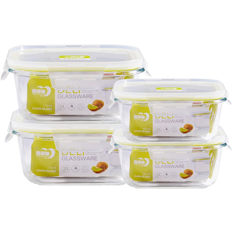 青苹果玻璃保鲜盒正方形大容量耐热便当盒 微波炉加热饭盒玻璃碗套装EP02-4-5