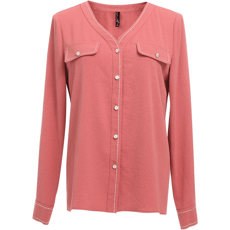 欧昵雪绣花V领显瘦长袖衬衫女设计感小众小衫上衣