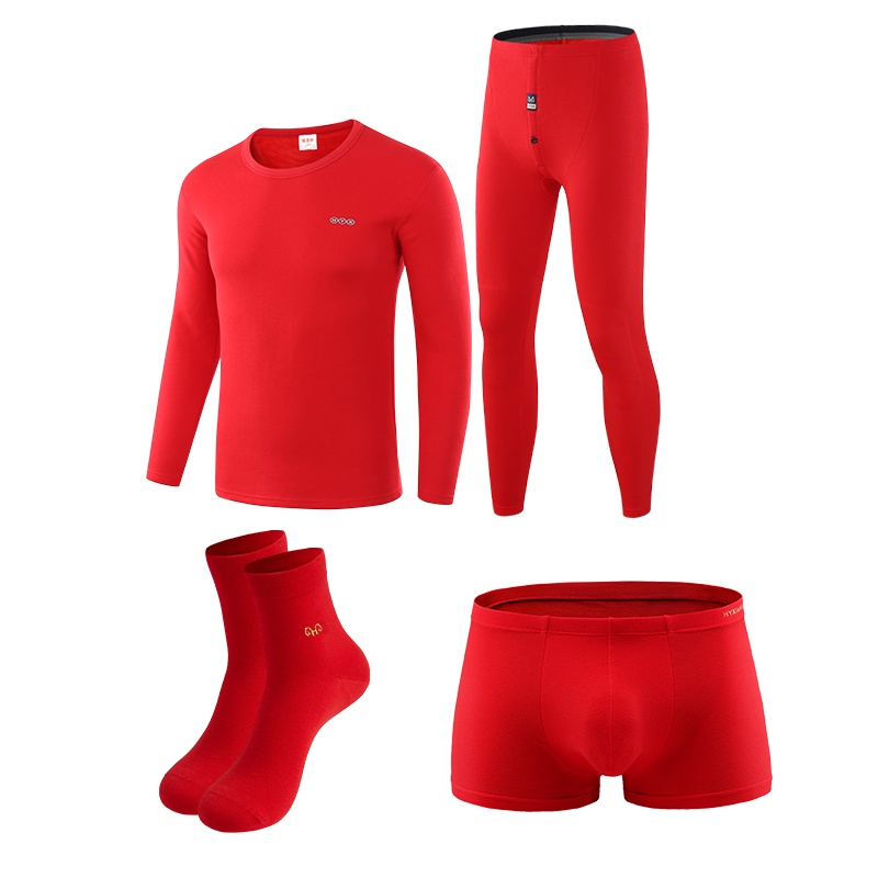 恒源祥本命年红色保暖内衣加绒加厚结婚棉男女士秋衣秋裤内裤袜子套装
