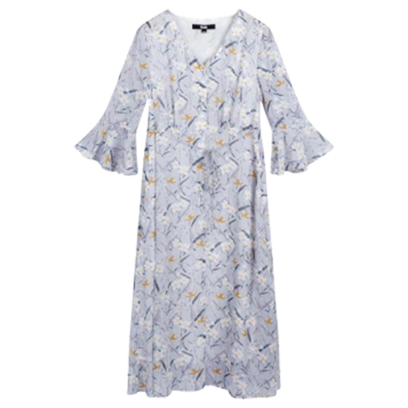 【专柜同款】Puella夏季新款中长裙V领小碎花喇叭袖花色韩版系带连衣裙女