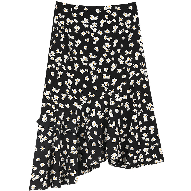 【新款】妖精的口袋小雏菊荷叶边半身裙女2020夏碎花黑色开叉裙子