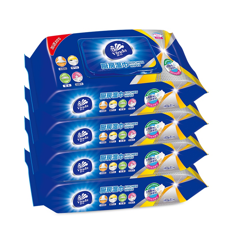 维达厨房湿巾48片*4包带盖去油污湿纸巾清洁纸厨房油烟机去油污