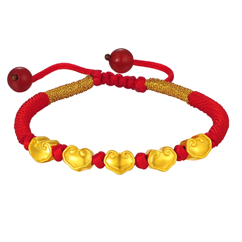 蒂蔻 五福如意祥瑞云黄金手链男女款3D硬足金编织绳拉伸款手饰鼠年礼物送长辈