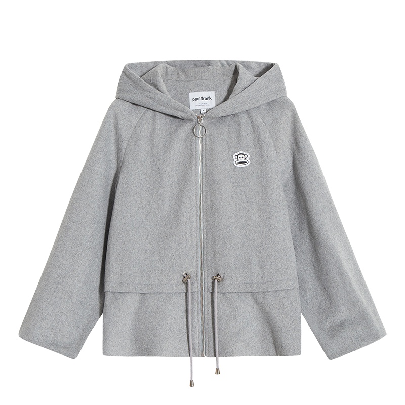 PaulFrank/大嘴猴秋冬毛呢外套女韩版薄款连帽印花宽松 S 灰色