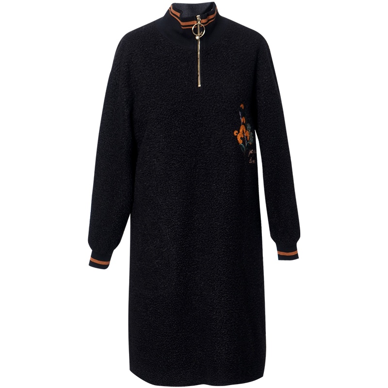 OUNIXUE欧昵雪 | [休闲半高领卫衣裙]秋冬季保暖字母绣花颗粒绒宽松连衣裙女