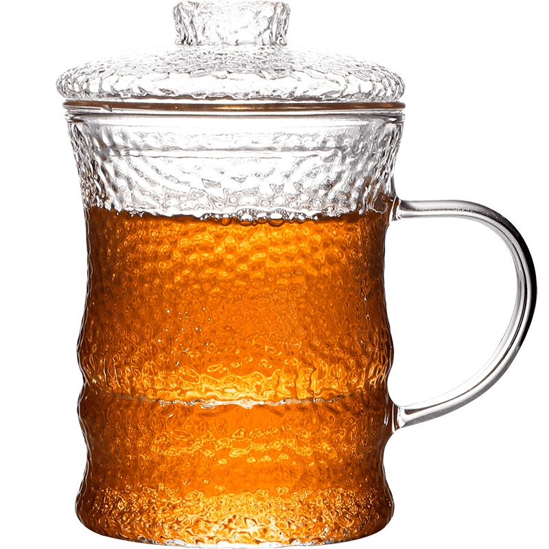 领艺耐热锤纹玻璃茶杯带把带盖茶水分离泡茶杯办公室家用个人杯 玻璃竹节杯