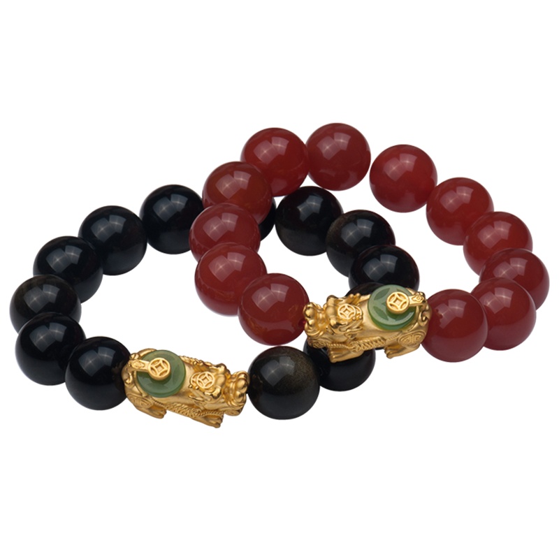 梦克拉 3d硬金红玛瑙金曜石碧玉貔貅金猪手链 财源滚滚 碧玉平安扣