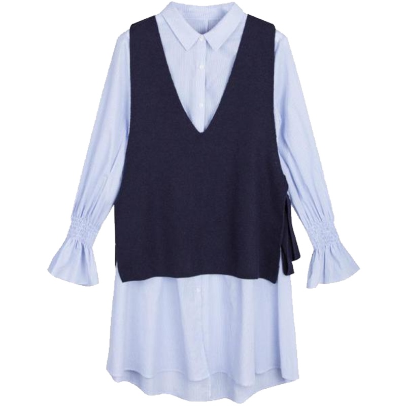 【热卖】2019春季新款韩版连衣裙喇叭袖针织宽松显瘦衬衫两件套中长裙子女72000386