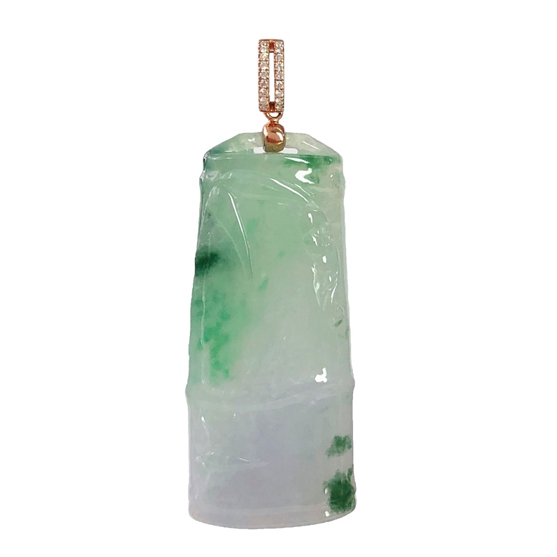 缘源珠宝 天然A货翡翠吊坠 18K镶钻翡翠竹节玉坠 男女款 附送证书 不含链