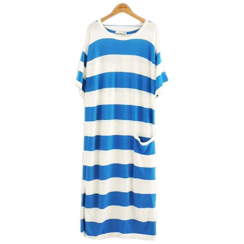 【福利款】拉夏贝尔Puella初秋新款直筒显瘦修身条纹短袖甜美长款T恤连衣裙