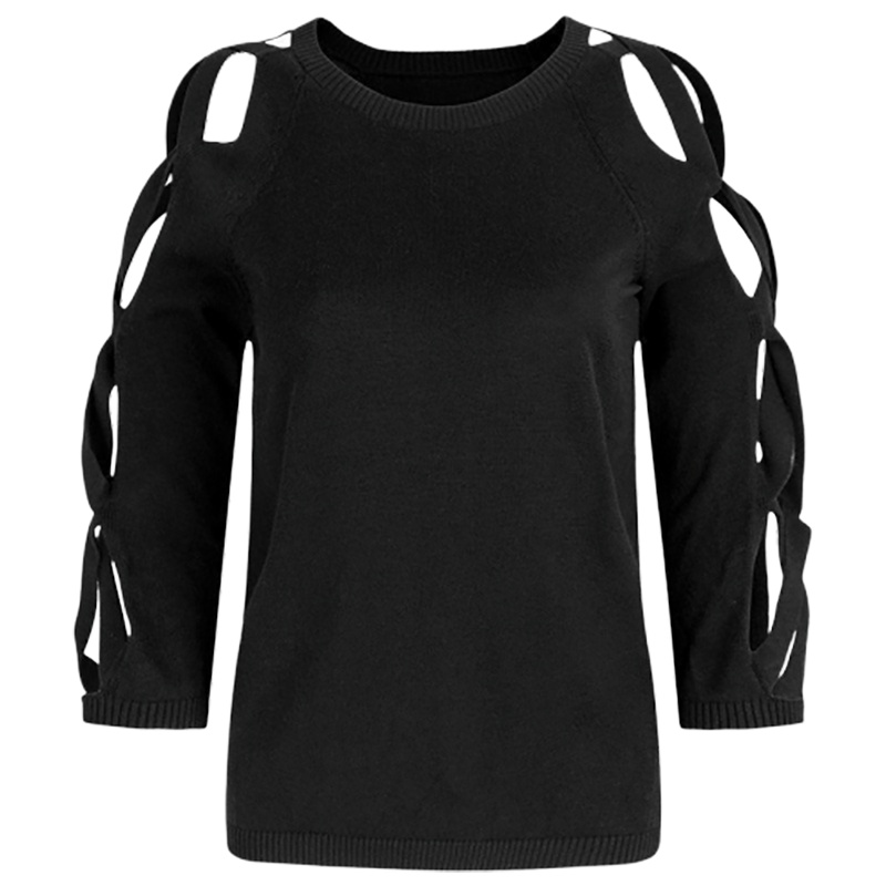 7M莫丽菲尔秋装新款女装韩版绑带五分袖镂空薄款针织衫打底衫女潮70007497