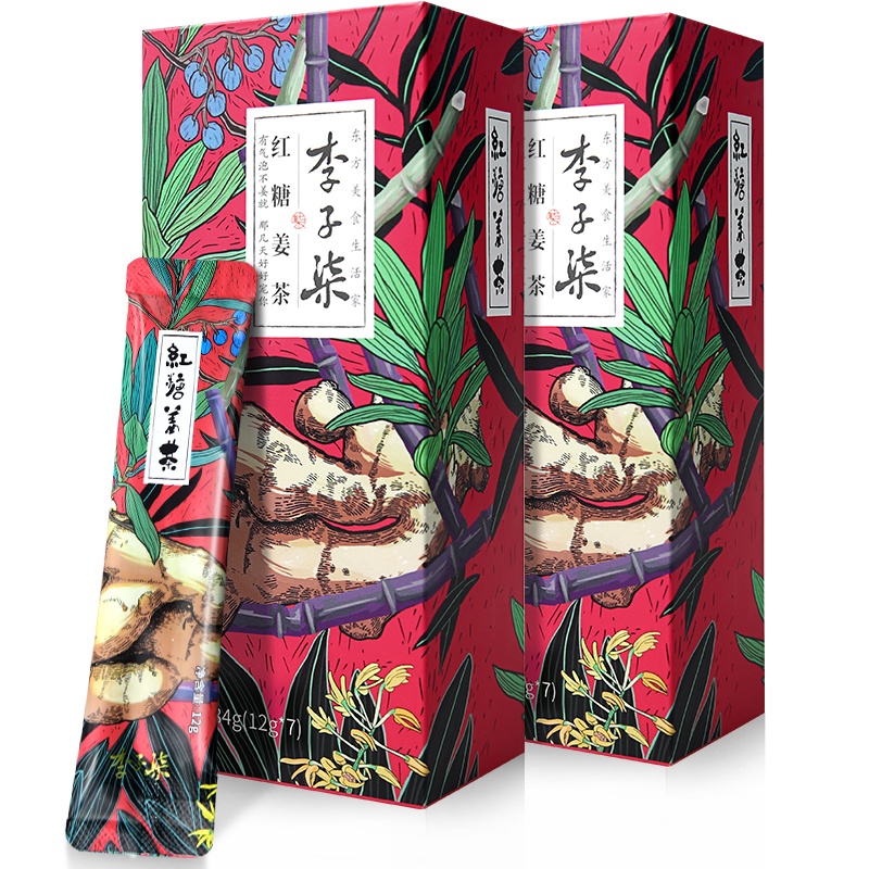 李子柒 红糖姜茶女生大姨妈姜红糖水暖身姜糖茶姜枣茶速溶12g*7条*2盒