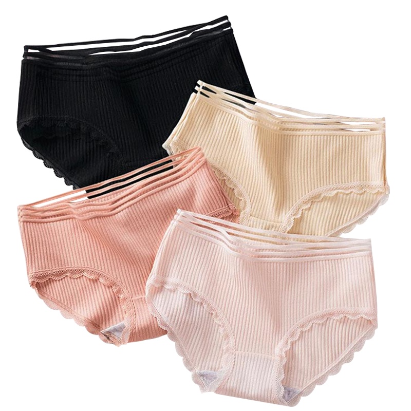 浪莎 买3送2 共发5条 秋冬新款女 透气纯棉蕾丝条纹中腰 学生抗菌女士三角裤