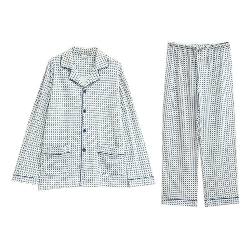 雪仙丽睡衣男春季纯棉长袖翻领大码全棉休闲家居服套装开衫可外穿