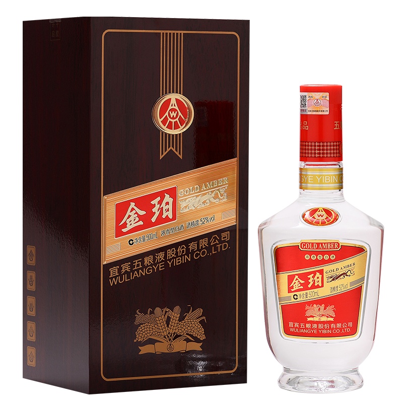 五粮液股份公司出品 金珀木盒 52度500ml 单瓶装 浓香型白酒