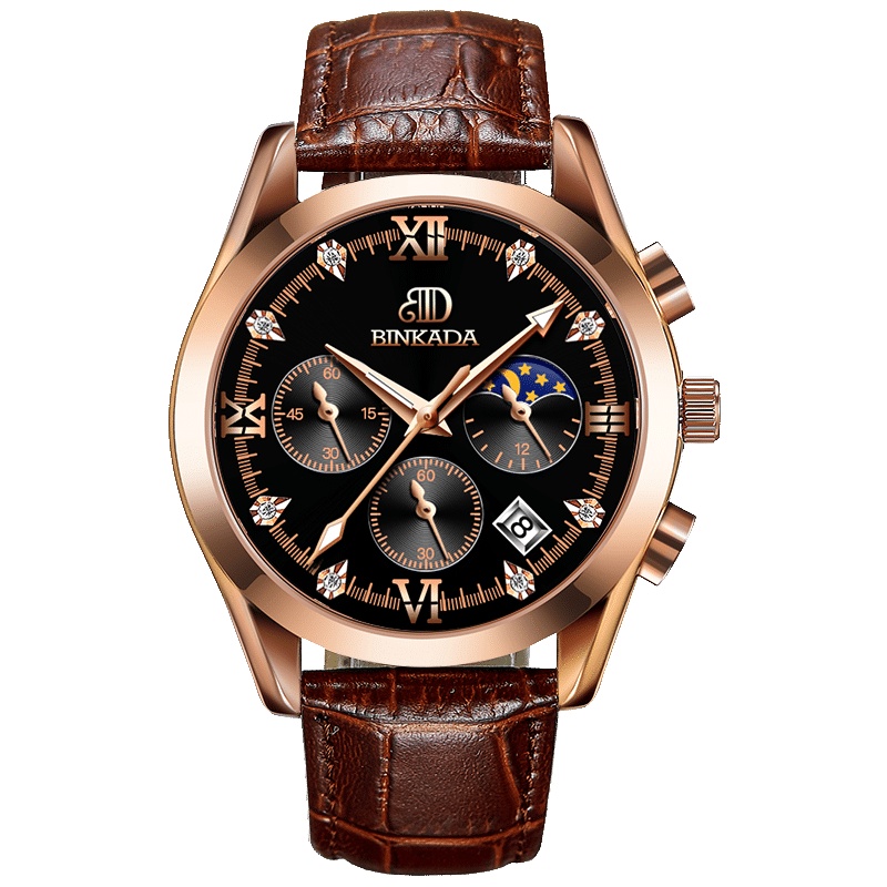 宾卡达BINKADA手表男士石英表精钢防水月相夜光日历男表5010