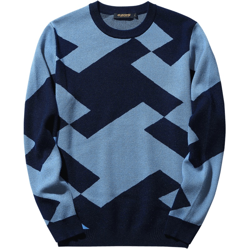 千纸鹤男士针织衫2019秋季新款时尚潮流圆领撞色毛衣外套男50080