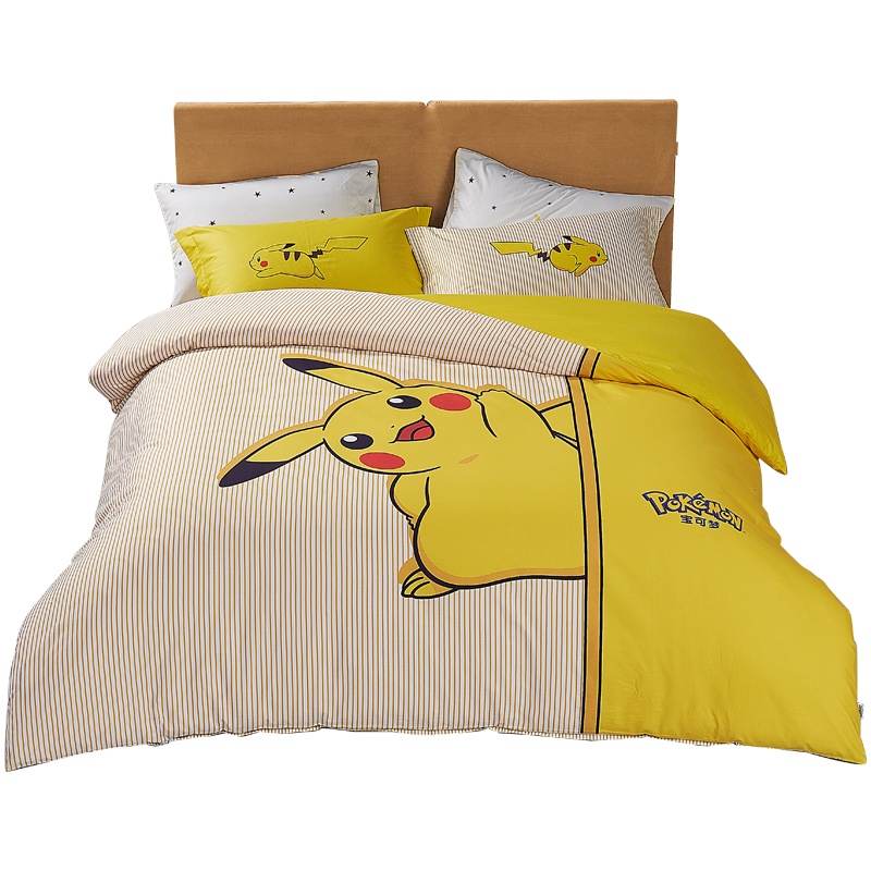 LOVO乐蜗床上四件套皮卡丘卡通全棉纯棉贡缎被套床单三件套
