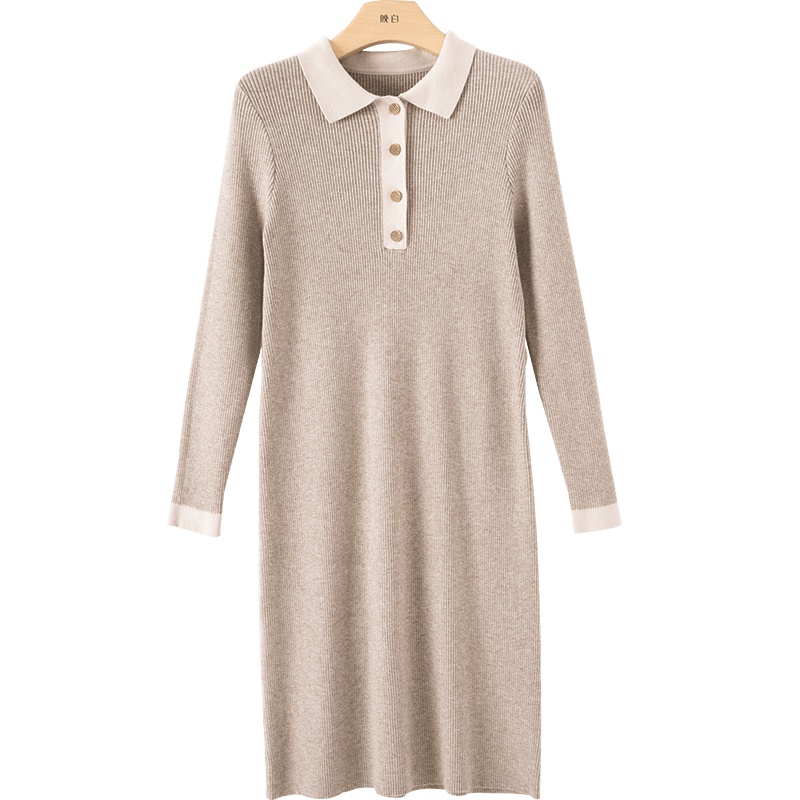 晚白2021春季新品简约翻领长袖收腰系带百搭毛衣裙针织连衣裙女