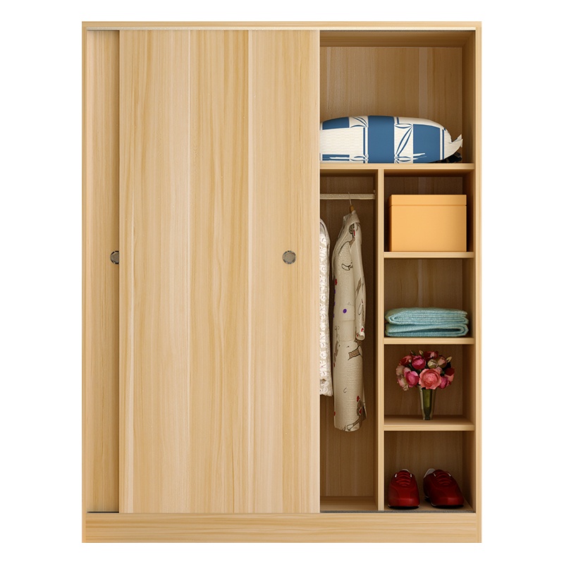 全简移门更衣柜木质衣柜员工宿舍更衣柜简约现代推拉门衣柜浅胡桃色1800*1600*500