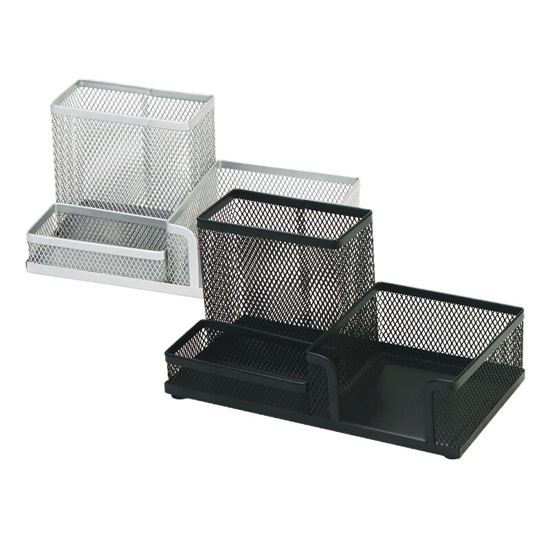 齐心(COMIX)金属网纹办公笔筒 多功能三格桌面收纳 B2061黑色