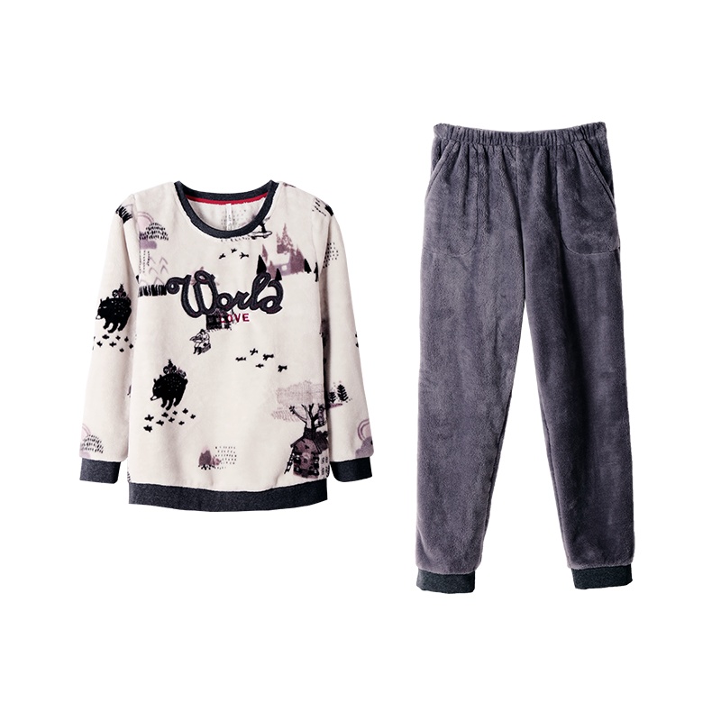 安之伴珊瑚绒睡衣春季长袖宽松大码保暖家居服女士两件套装