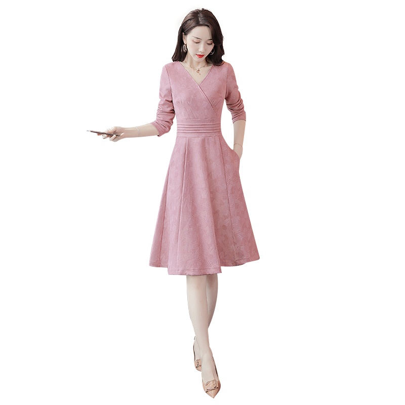 丝柏舍秋季女2019V领气质显瘦收腰中长款长袖连衣裙S93R4838L