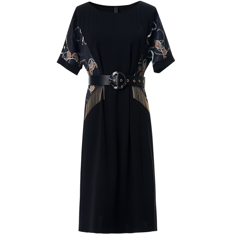 欧昵雪罗马布面料知性通勤收腰中裙流苏装饰印花连衣裙女