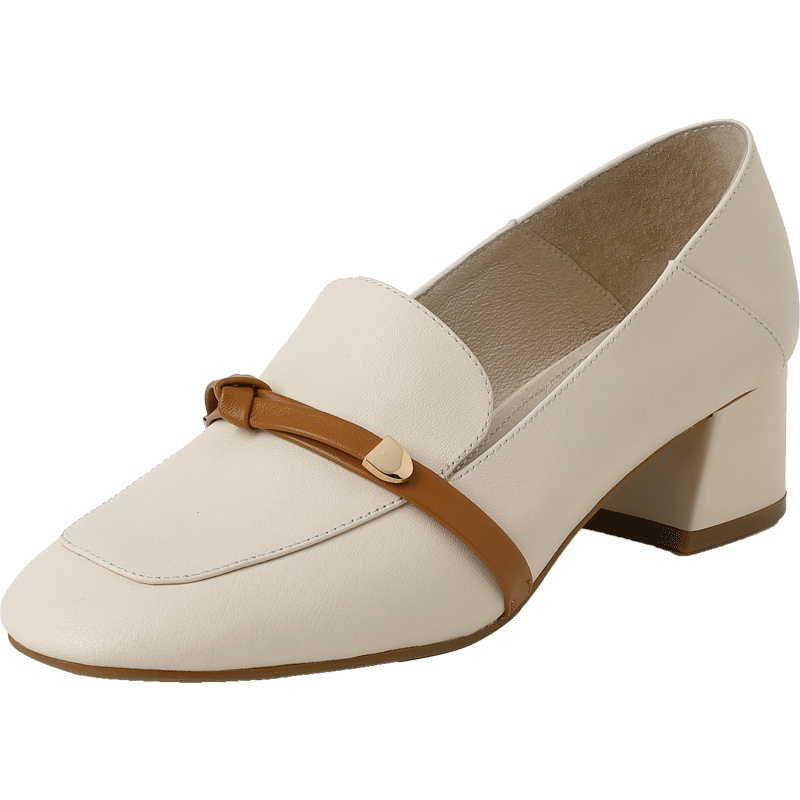 百田森新款方头中跟乐福鞋女拼色金属条带两穿女鞋