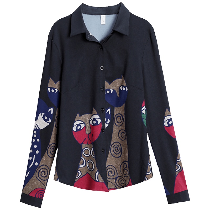 恒源祥衬衫女早春长袖抽象印花撞色衬衣单排扣OL上衣趣味