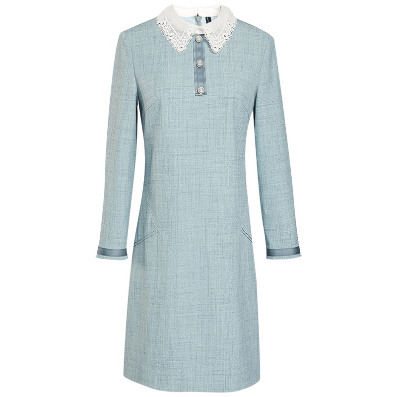 欧昵雪镂空蕾丝polo领九分袖显瘦连衣裙女直筒短裙