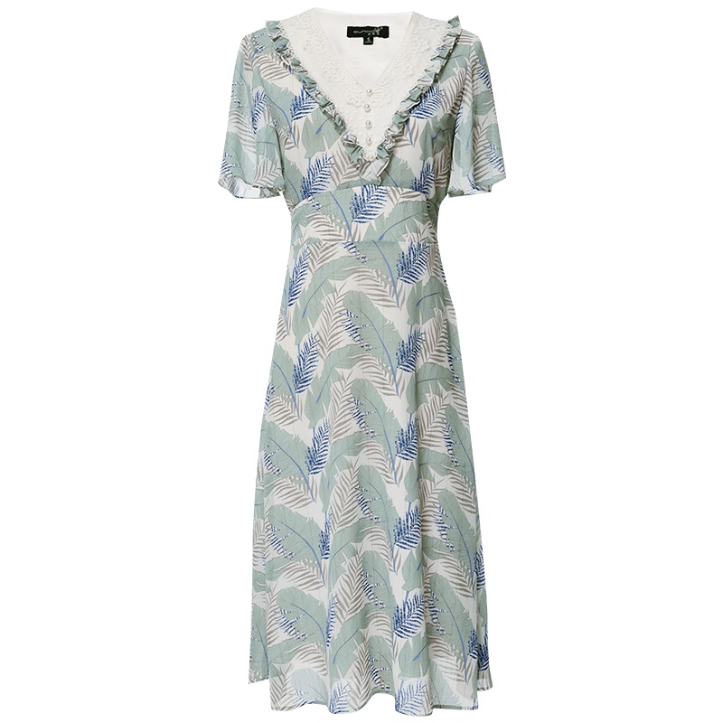 欧昵雪夏季花边V领收腰印花雪纺连衣裙女荷叶边短袖中裙