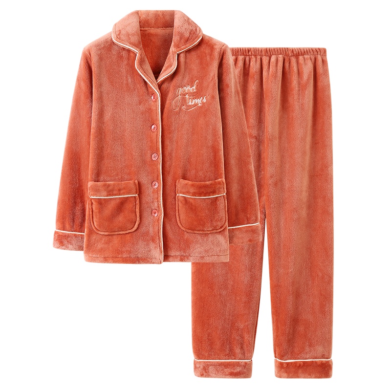 猫人秋冬长袖保暖珊瑚绒睡衣女 韩版大码法兰绒春秋家居服套装