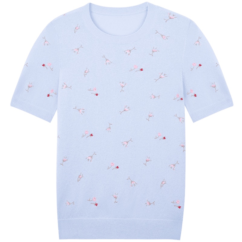 鄂尔多斯ERDOS 圆领刺绣文艺亲肤舒适短袖纯羊绒套衫女士针织衫/毛衣