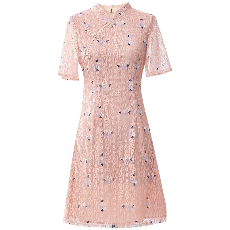 欧昵雪夏季立领中国风改良版旗袍连衣裙女印花蕾丝a字裙