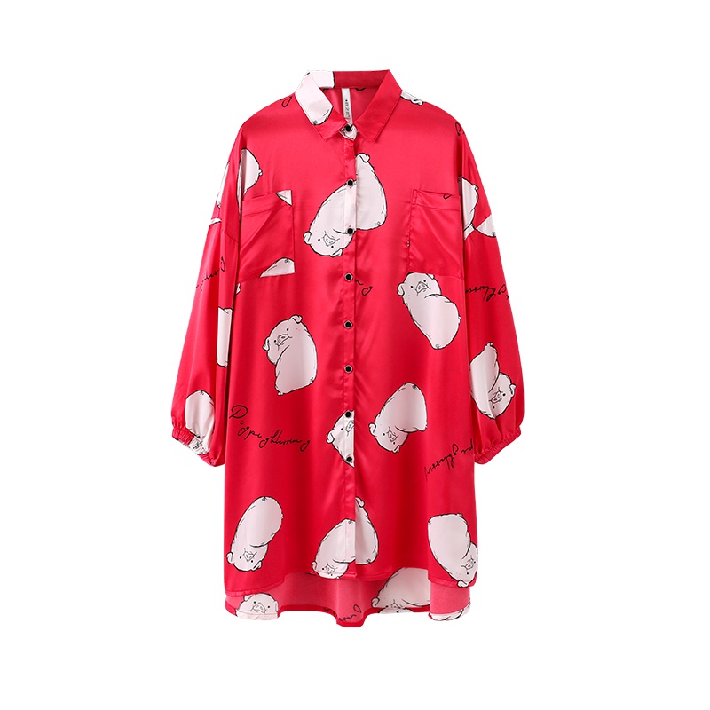 安之伴睡衣女夏冰丝开衫长袖卡通时尚睡裙简约宽松仿真丝家居服薄