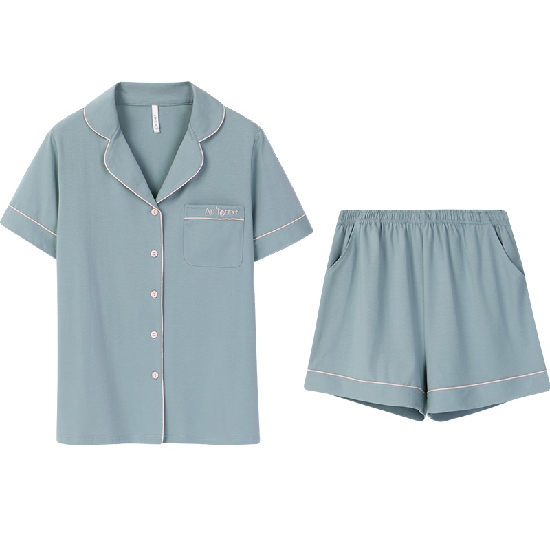 安之伴睡衣男夏季纯棉弹力针织素色国民领短袖男套装